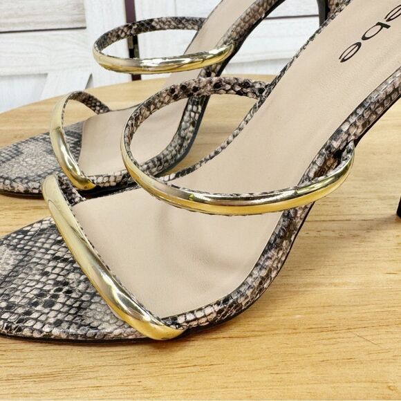 Bebe Berdine Y2K Snakeskin Gold‎ Band Strappy Sandals Heels Tan Brown 8 - Picture 6 of 11